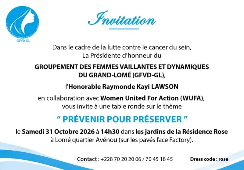 Carton d’invitation à la table ronde « Prévenir pour préserver », samedi 31 octobre 2026 à 14h30, dans les jardins de la Résidence Rose à Lomé (Avénou), organisée par le GFVD-GL avec Women United For Action (WUFA)