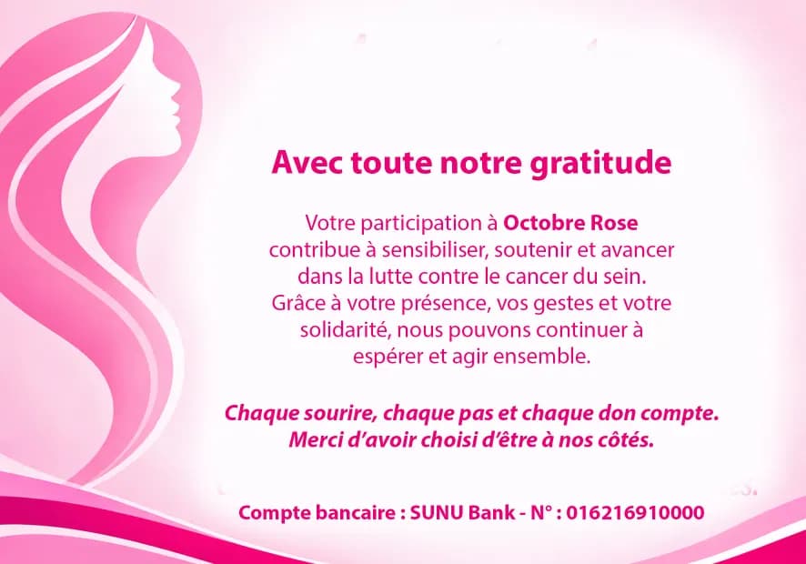 Carte de remerciement d’Octobre Rose : « Chaque sourire, chaque pas et chaque don compte. Merci d’avoir choisi d’être à nos côtés. »