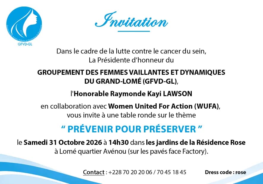 Carton d’invitation à la table ronde « Prévenir pour préserver », samedi 31 octobre 2026 à 14h30, dans les jardins de la Résidence Rose à Lomé (Avénou), organisée par le GFVD-GL avec Women United For Action (WUFA)