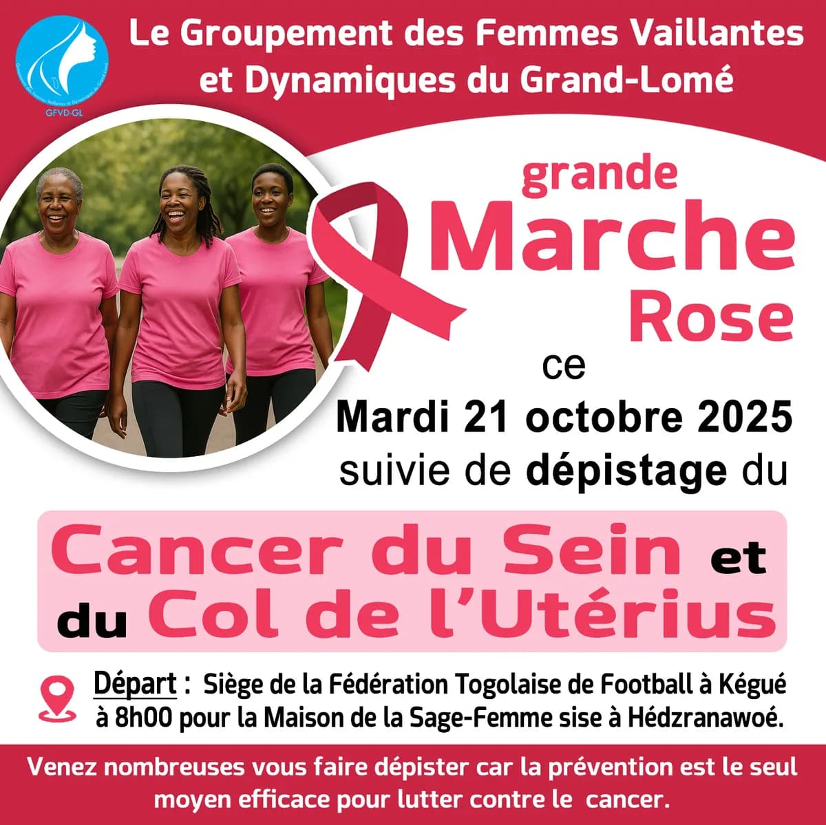 Affiche de la Grande Marche Rose du mardi 21 octobre 2025, suivie d’un dépistage du cancer du sein et du col de l’utérus